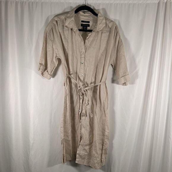 Tahari 100% Linen Dress Women's Medium Beige Button Up Short Sleeve Pockets Belt - Picture 1 of 6